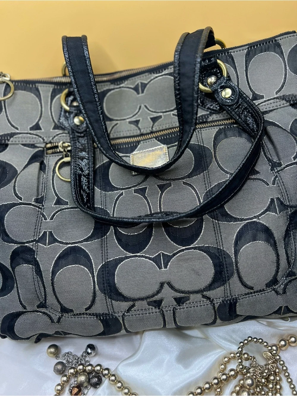 COACH POPPY Black Signature Glam Tote.